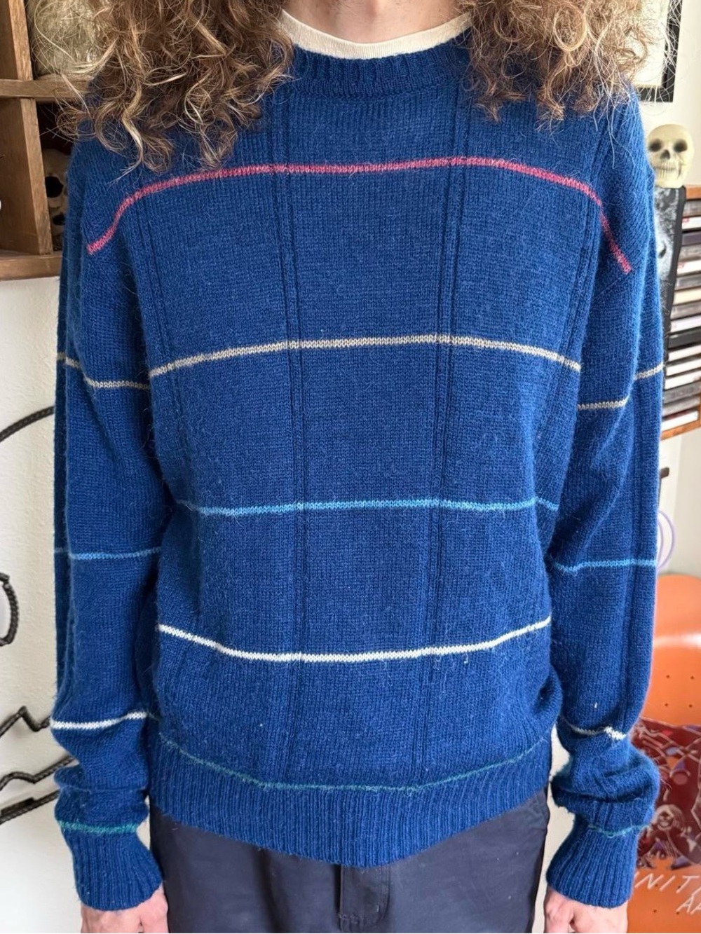 Vintage 70s 80s Blue Striped Knit Sweater Grunge Grandpacore ~ Size Medium